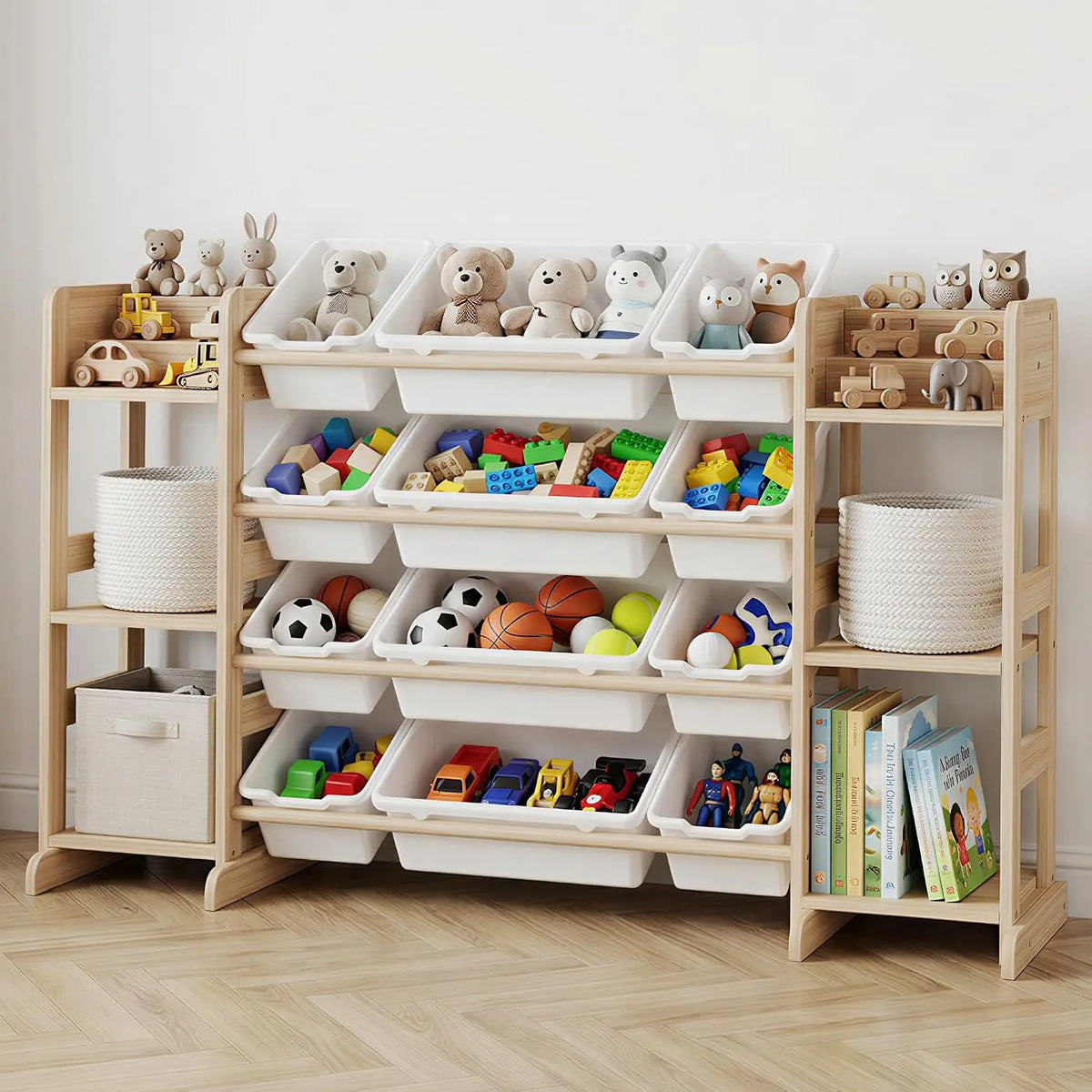 52.3" Wide Wood Toy Storage Cabinet with 12 Bins & 6 Shelves – Kids Bookshelf Organizer for Playroom, Bedroom, and Living Room