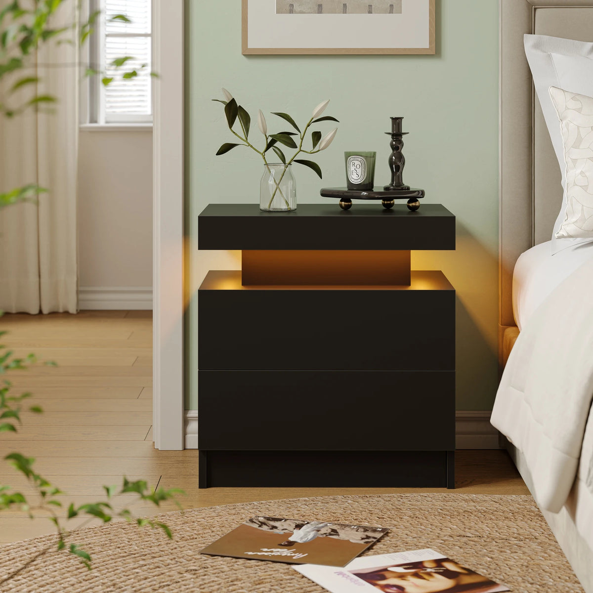 Cubehom LED Nightstands with 2 Drawers, End Table with RGB LED Lights for Bedroom Living Room, White Bedside Table