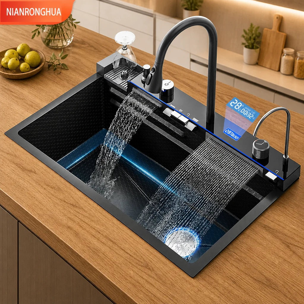 Gun Grey Waterfall Kitchen Sink Large Single Bowl Stainless Steel Digital Display Double Waterfall Honeycomb Embossed Cup Washer