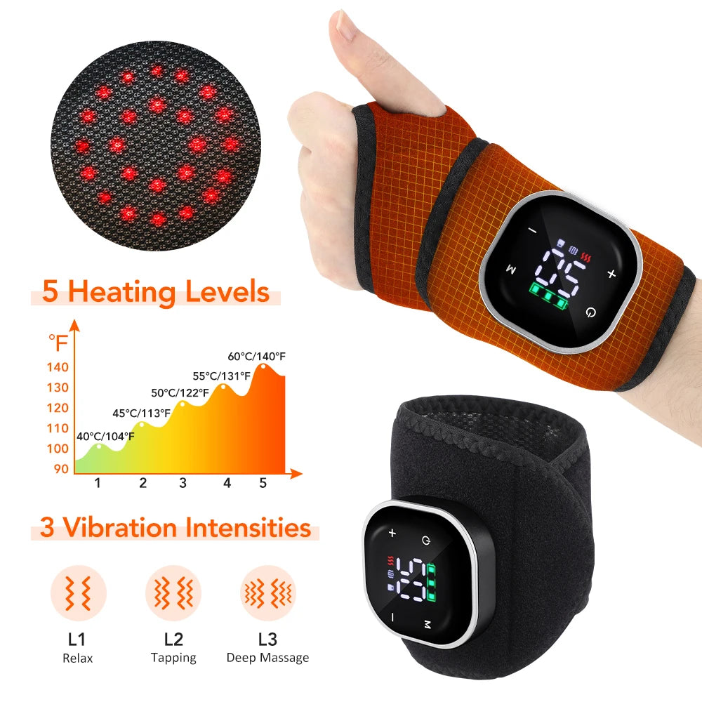 Rechargeable Heated Wrist Brace for Left/Right Hand 5 Levels Hot Compress 3 Levels Vibration Red Light Wrist Massager Wrap