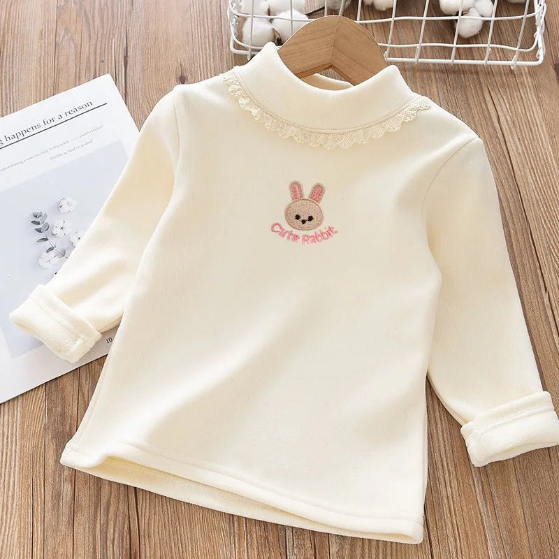 1pcs Children's T-Shirts Rabbit Embroidery Velvet warm top Kids Half High Collar Long Sleeve Base Shirt Girls Tshirts Clothes