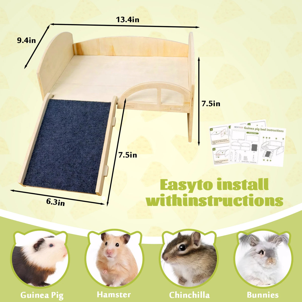 Guinea Pig Bed with Stable Stairs & Mat Wooden Small Animal Bed Anti-Slip Guinea Hideout Platform for Hamsters Bunny Chinchillas