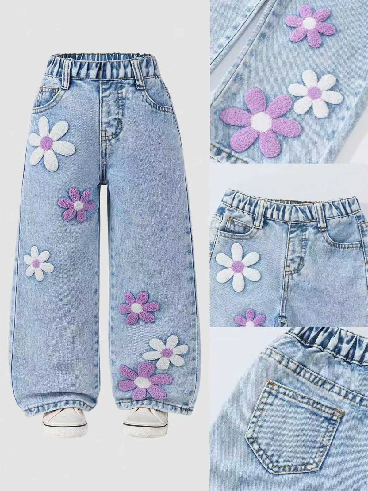 Girls' Floral-Printed Towel-Stitch Denim Jeans Trendy Loose Waist Design Versatile Casual Pants for Kids. Full Elastic Waistband