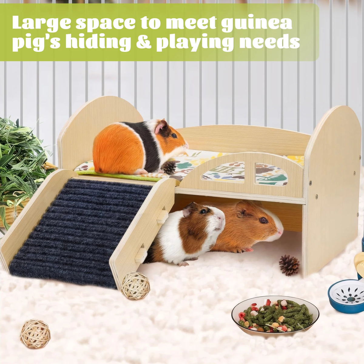 Guinea Pig Bed with Stable Stairs & Mat Wooden Small Animal Bed Anti-Slip Guinea Hideout Platform for Hamsters Bunny Chinchillas