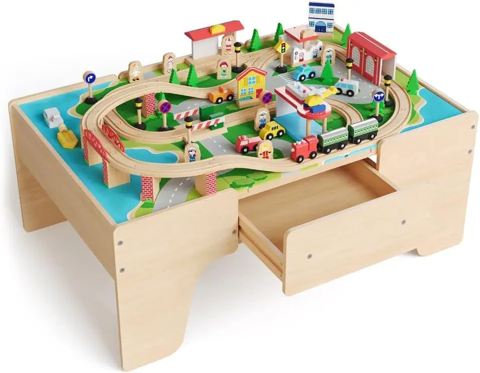 84Pcs/set Wooden Train Table Playset Multi Play Activity Table with Railway Tracks Toy Trains Bridges City Scenery & Large Storage Drawer & Natural Finish for Toddlers