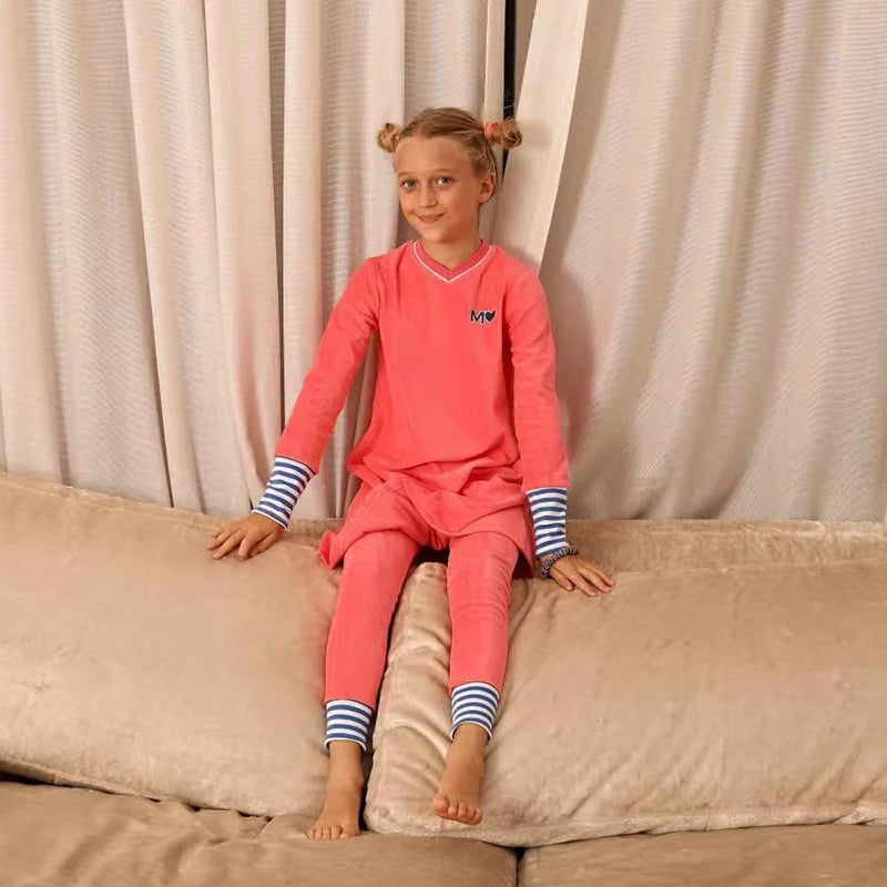Children's Pajamas Family Matching Blue and Pink Set Girls Dress Baby Boy and Girls Romper Autumn Winter Clothes Stripes Trims