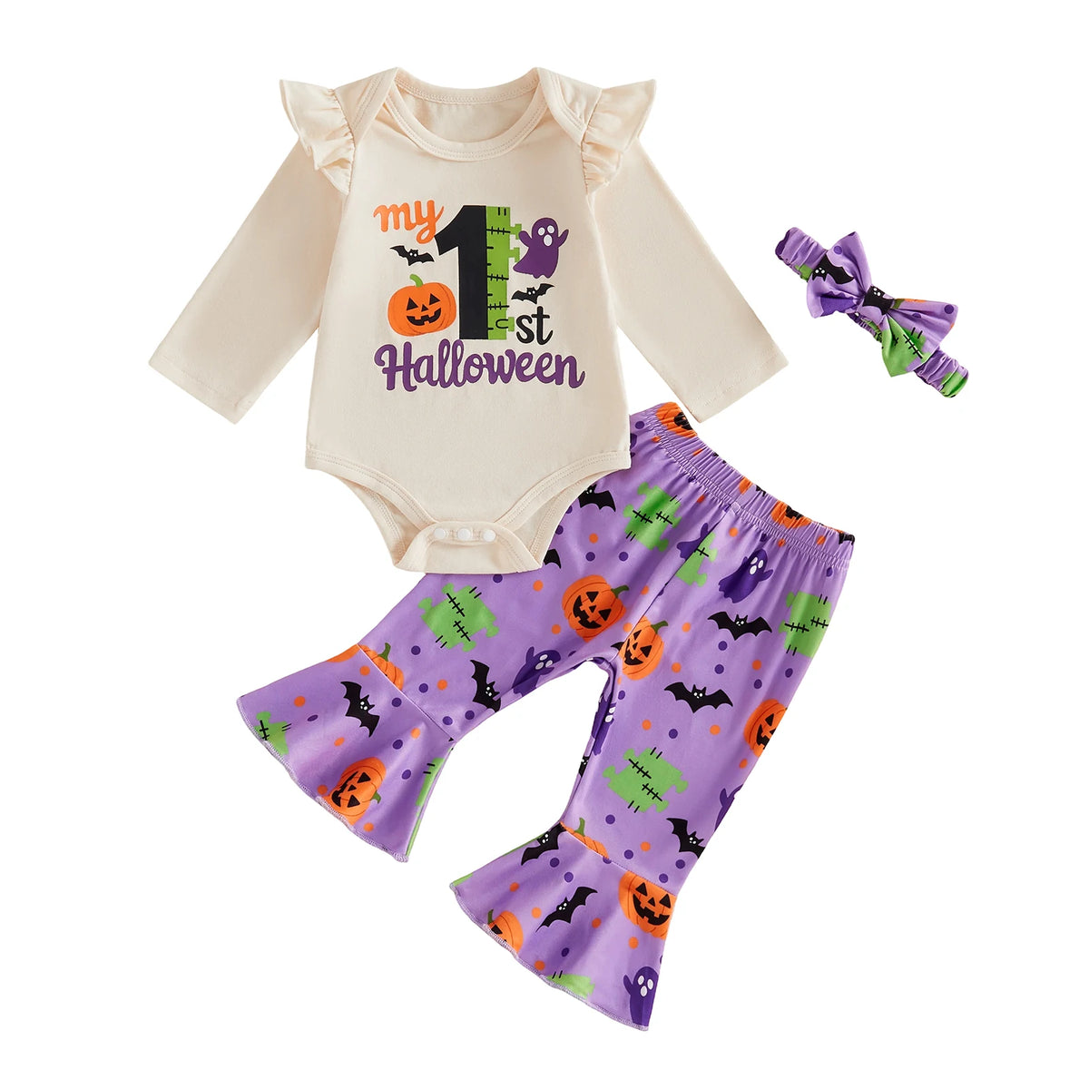 Toddler Kid Clothes Girls Halloween Long Sleeve Romper Ghost Pumpkin Print Pants Headband Set Clothing