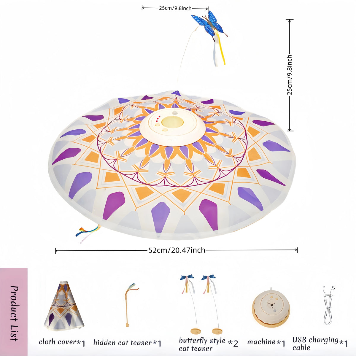 USB Rechargeable Interactive Cat Teaser Toy 3-in-1 with 360° Rotating Feathers Mandala Pattern Plastic Design 1200mAh Battery Ca
