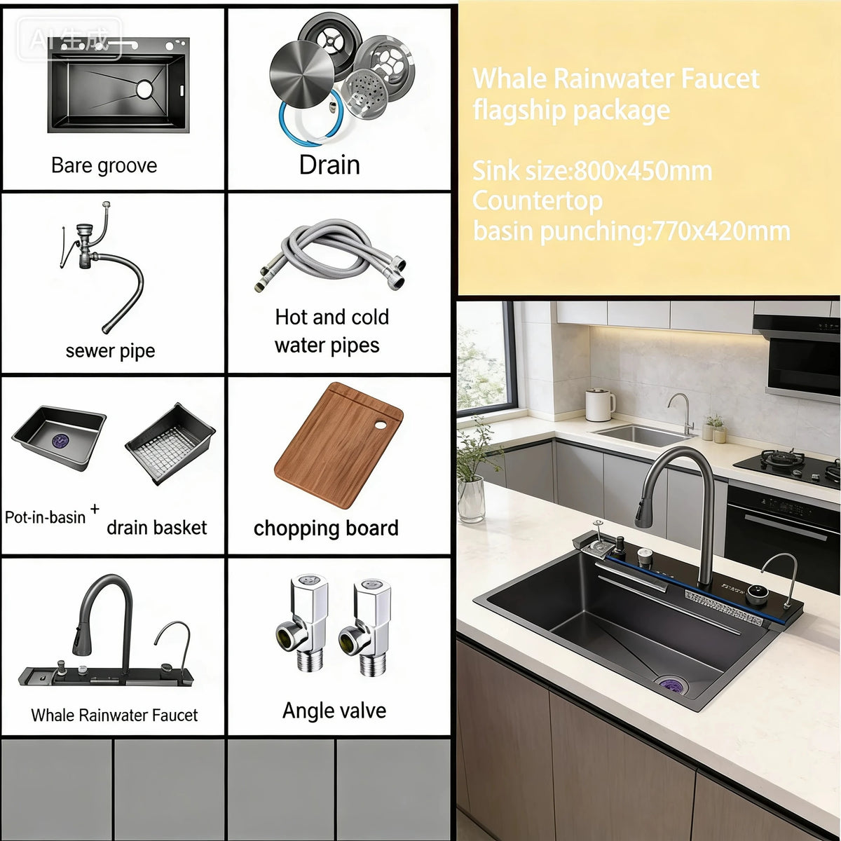 Gun Grey Waterfall Kitchen Sink Large Single Bowl Stainless Steel Digital Display Double Waterfall Honeycomb Embossed Cup Washer