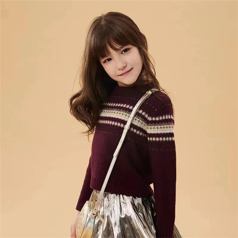 Darcoo Baby Wool Knitted Wine Red Christmas Sweater Kids Girls Jumper Autumn Winter Clothes 2-12Y
