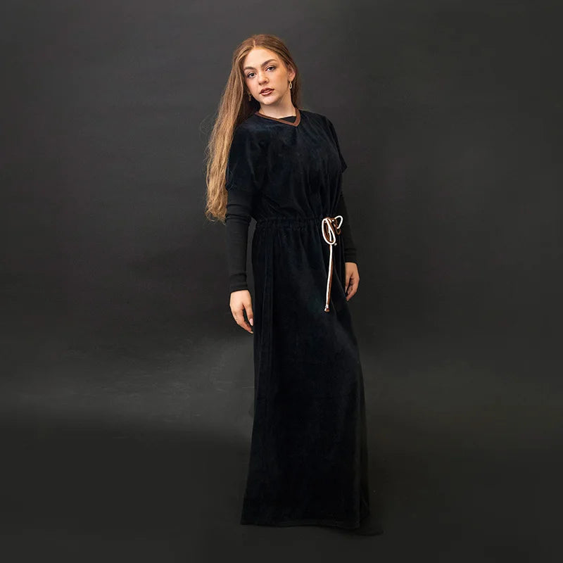 Shabbos Teen/Woman Dress Winter Robe Short Sleeves Clothing Waist 2 Cord Strings Girls Black Velour Dress Sizes XS-XXXL