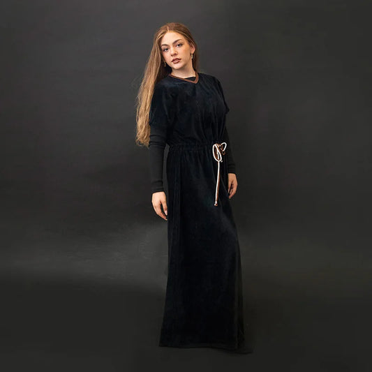 Shabbos Teen/Woman Dress Winter Robe Short Sleeves Clothing Waist 2 Cord Strings Girls Black Velour Dress Sizes XS-XXXL