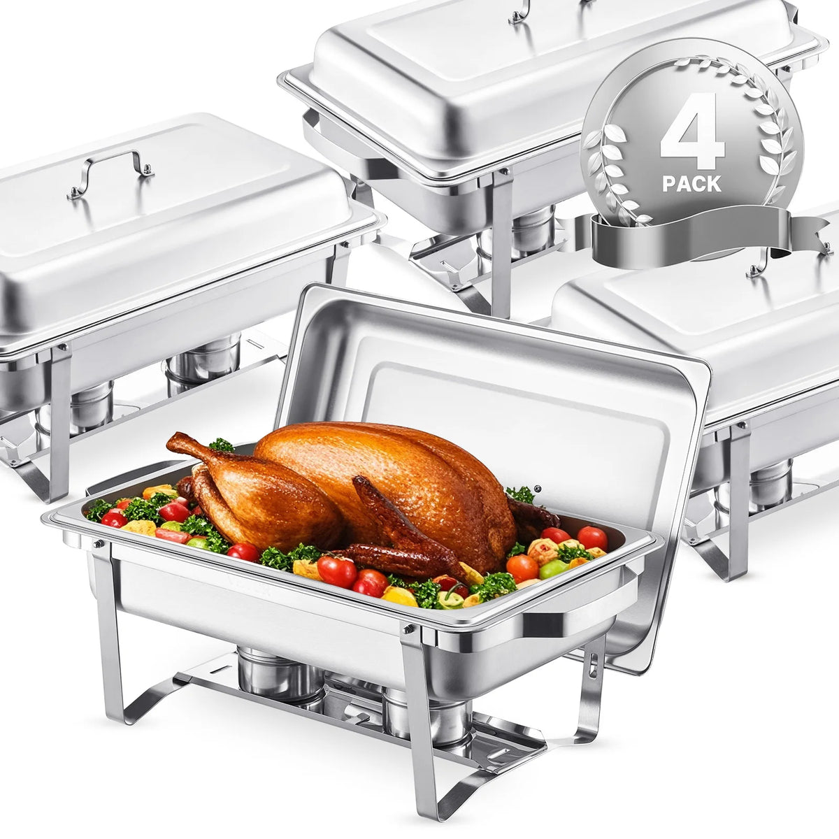 SucceBuy 8 Qt 4 Pack Chafing Dish Buffet Set Stainless Steel Chafer with 2 Full Size and 4 Half Size Pans Catering Warmer Server