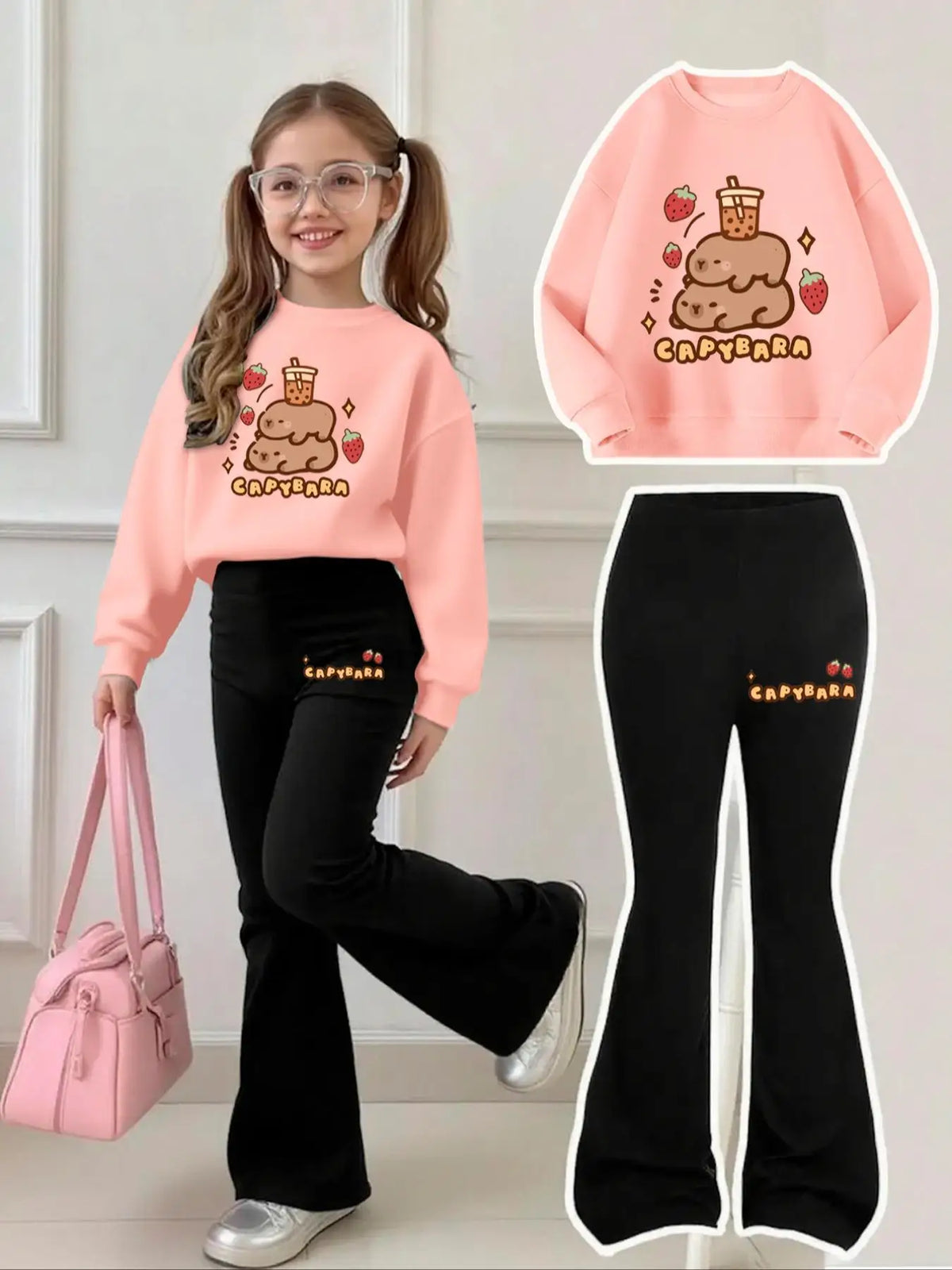 Girls' Capybara Milk Tea Sweatshirt and Flared Pants Set for Ages 4-12, Black Flared Pants with Side Lettering “Capybara” + Strawberry Print Two-Piece Outfit