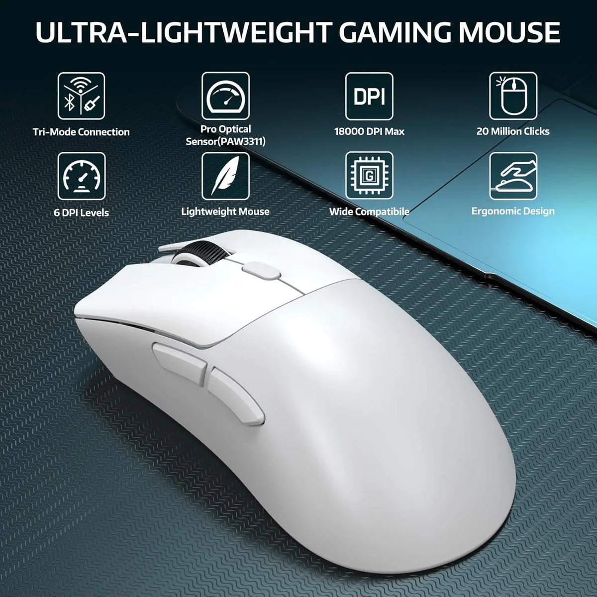 R1 Wireless Gaming Mouse,Tri-Mode Connection (2.4G/Wired/BT5.2),55g Lightweight Design,18K DPI Optical Sensor