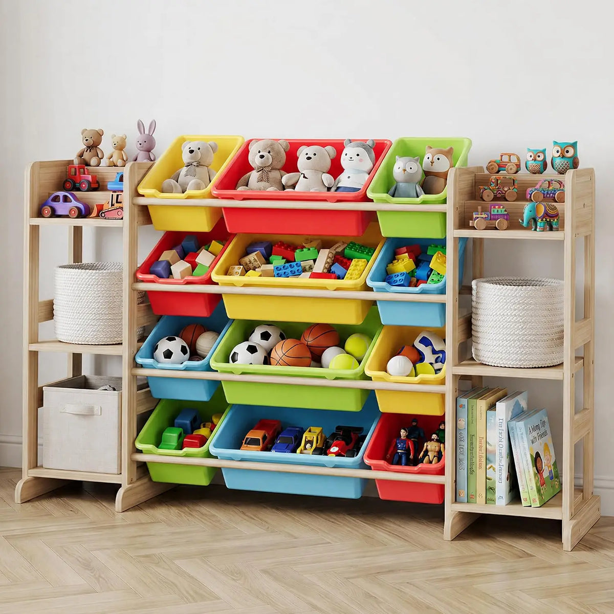 52.3" Wide Wood Toy Storage Cabinet with 12 Bins & 6 Shelves – Kids Bookshelf Organizer for Playroom, Bedroom, and Living Room