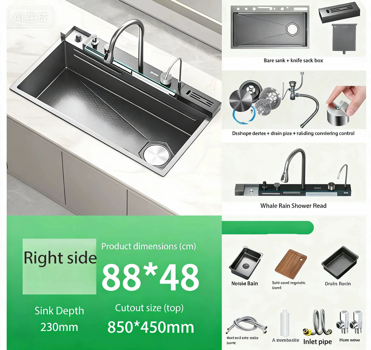Gun Grey Waterfall Kitchen Sink Large Single Bowl Stainless Steel Digital Display Double Waterfall Honeycomb Embossed Cup Washer