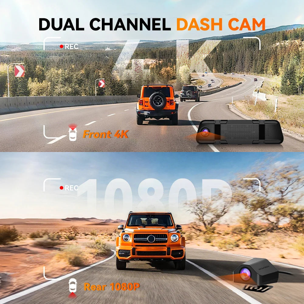 WOLFBOX M40lite Dash Cam 4K+1080P 10" Rear View Mirror Camera Video Recorder Front and Rear Dash Camer