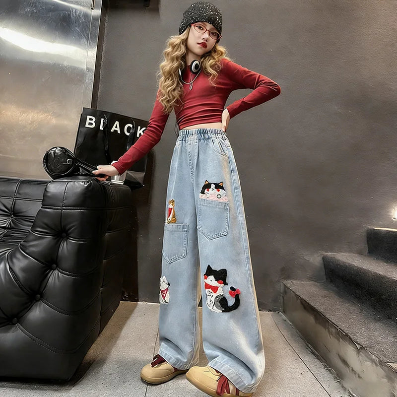 Girls Cute Cartoon Cat Embroidery Jeans 2026 New Arrival High Waist Wide Leg Baggy Denim Pants Kids Spring Autumn Casual Trouser