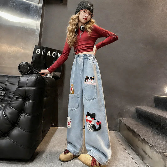 Girls Cute Cartoon Cat Embroidery Jeans 2026 New Arrival High Waist Wide Leg Baggy Denim Pants Kids Spring Autumn Casual Trouser