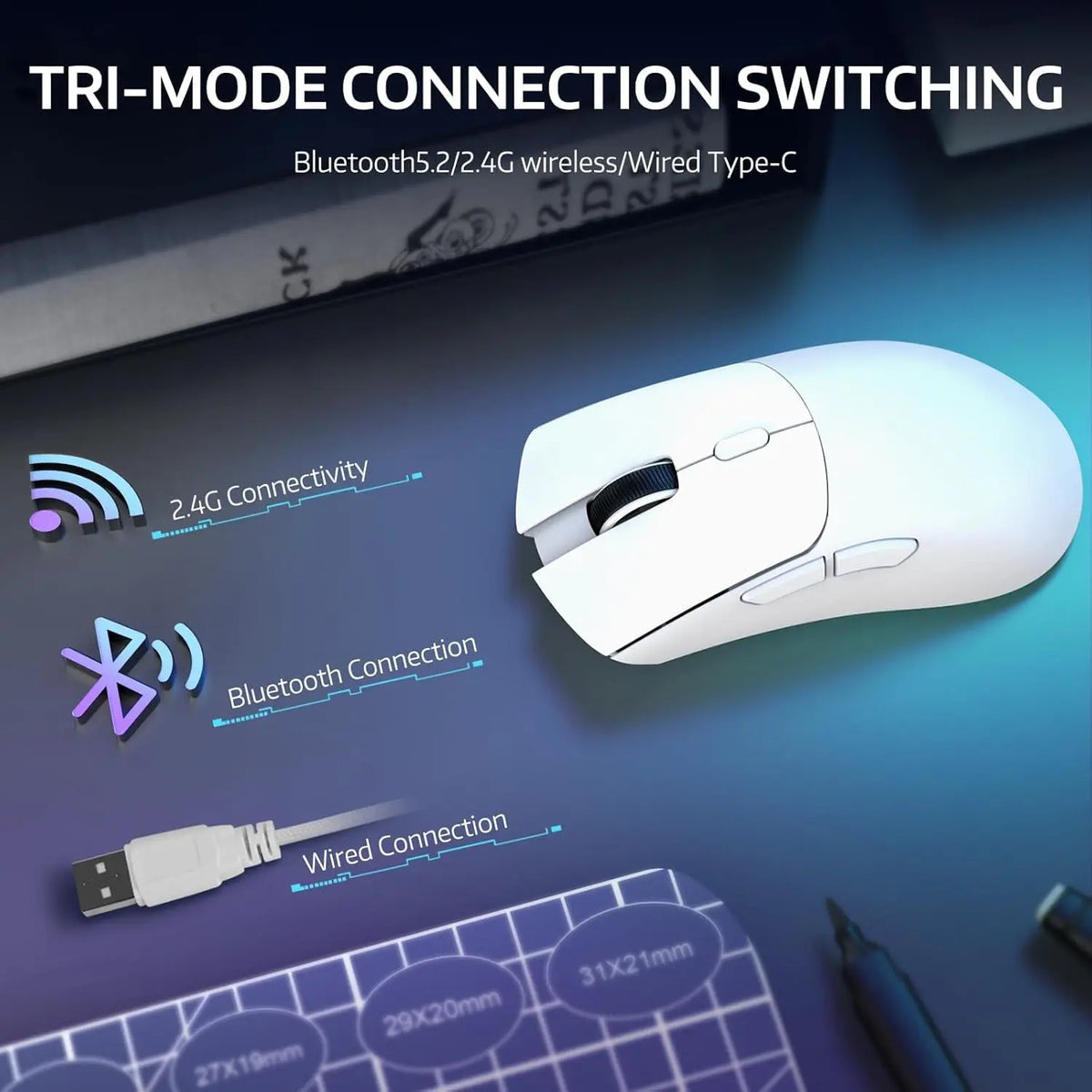 R1 Wireless Gaming Mouse,Tri-Mode Connection (2.4G/Wired/BT5.2),55g Lightweight Design,18K DPI Optical Sensor