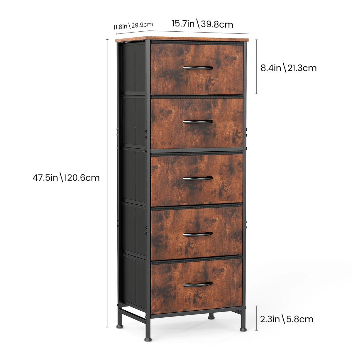 JHK 48IN Dresser For Bedroom With 5 Fabric Drawers Nightstand Wardrobe Steel Frame Closet For Clothes Storage Cabinet Furniture