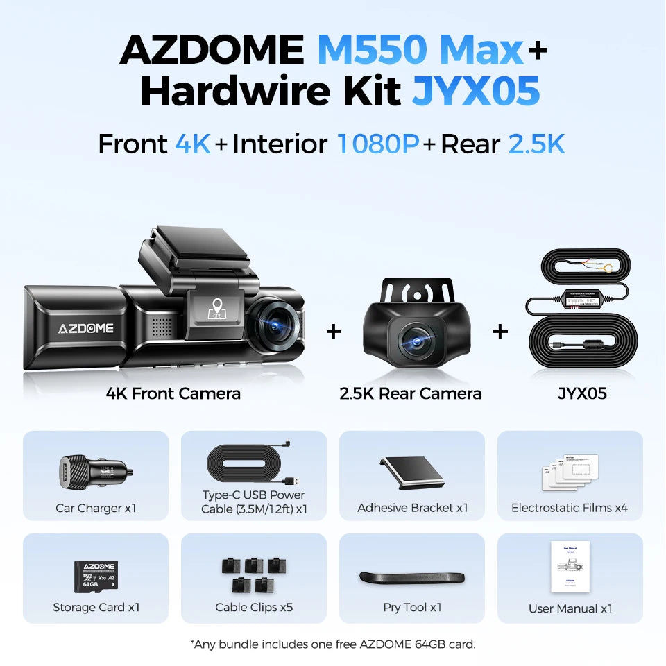 AZDOME 4K Dash Cam M550 Max Built-in GPS Wifi Camera Car DVR 3.18”Screen Night Vision 24H Parking Monitor Support Rear Cam