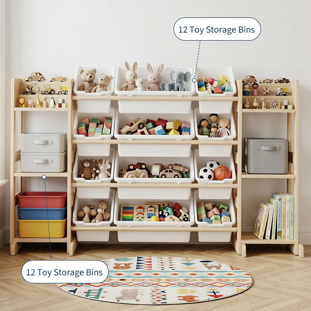 52.3" Wide Wood Toy Storage Cabinet with 12 Bins & 6 Shelves – Kids Bookshelf Organizer for Playroom, Bedroom, and Living Room