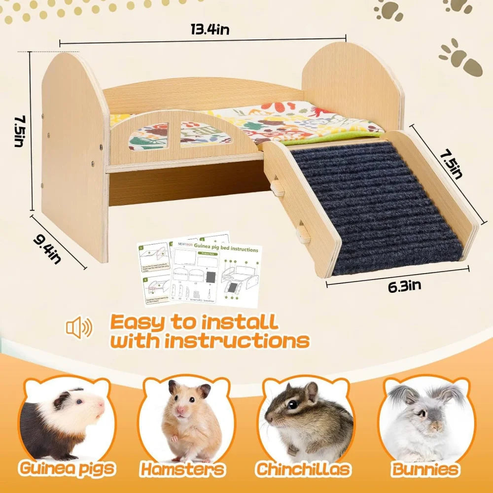 Guinea Pig Bed with Stable Stairs & Mat Wooden Small Animal Bed Anti-Slip Guinea Hideout Platform for Hamsters Bunny Chinchillas