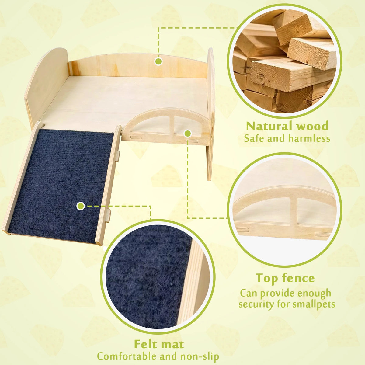 Guinea Pig Bed with Stable Stairs & Mat Wooden Small Animal Bed Anti-Slip Guinea Hideout Platform for Hamsters Bunny Chinchillas