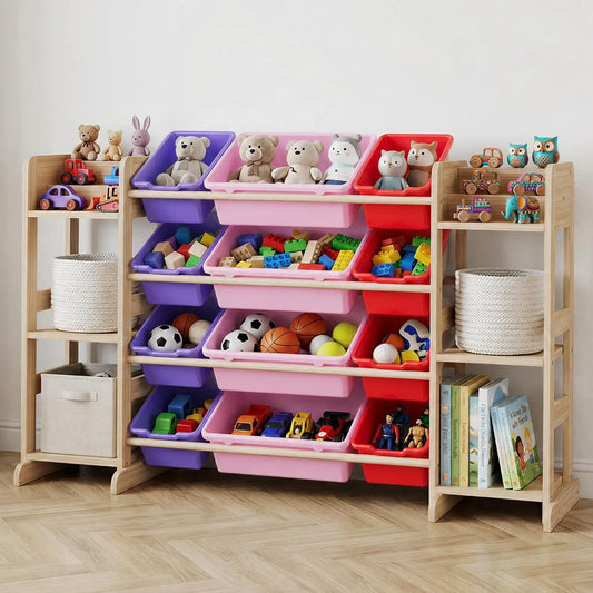 52.3" Wide Wood Toy Storage Cabinet with 12 Bins & 6 Shelves – Kids Bookshelf Organizer for Playroom, Bedroom, and Living Room