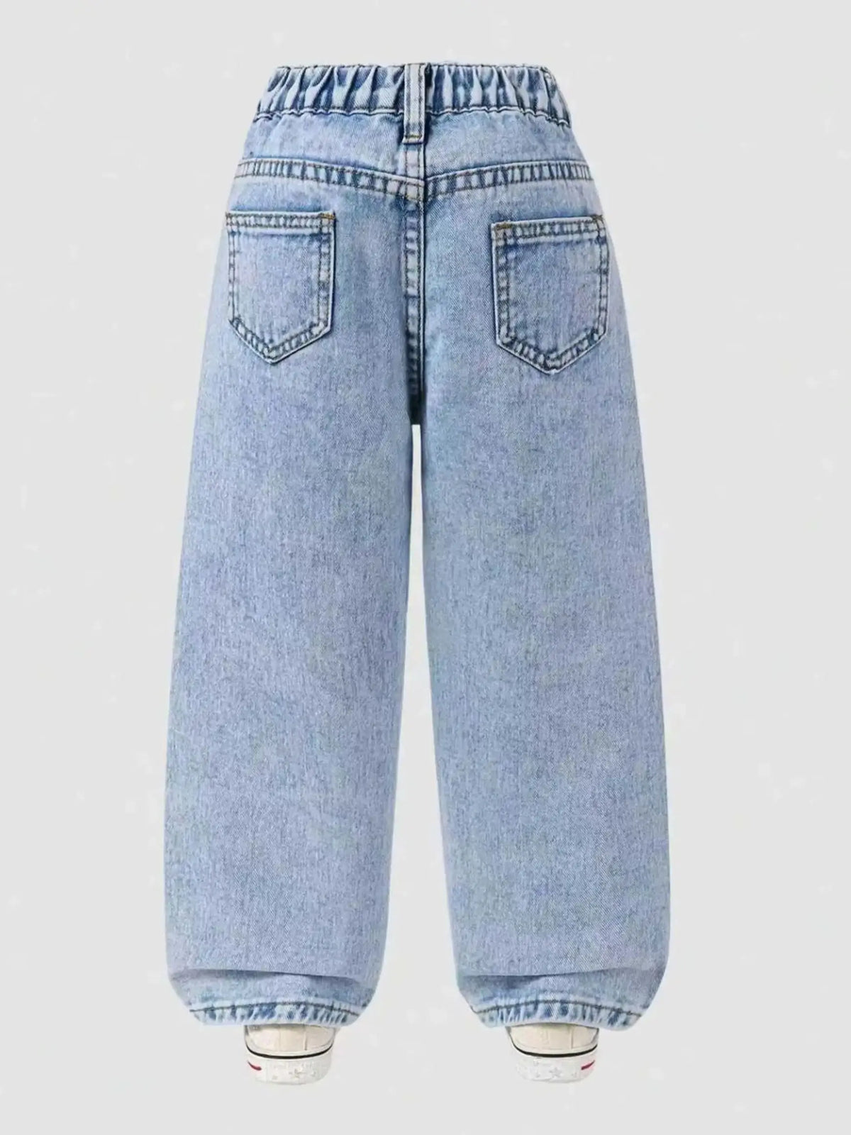 Girls' Floral-Printed Towel-Stitch Denim Jeans Trendy Loose Waist Design Versatile Casual Pants for Kids. Full Elastic Waistband