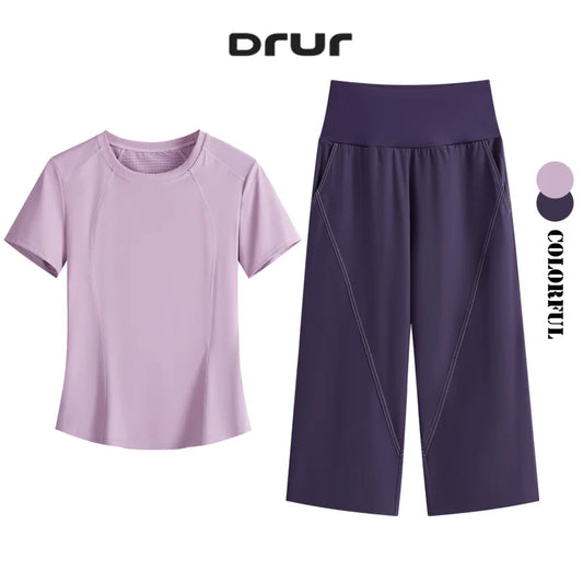 DRUR Loose Fit Summer Yoga Set Women 2 Piece Lightweight Breathable Sport Shirts Sweatpants Suit 2pcs Sportswear Outfit Yogawear