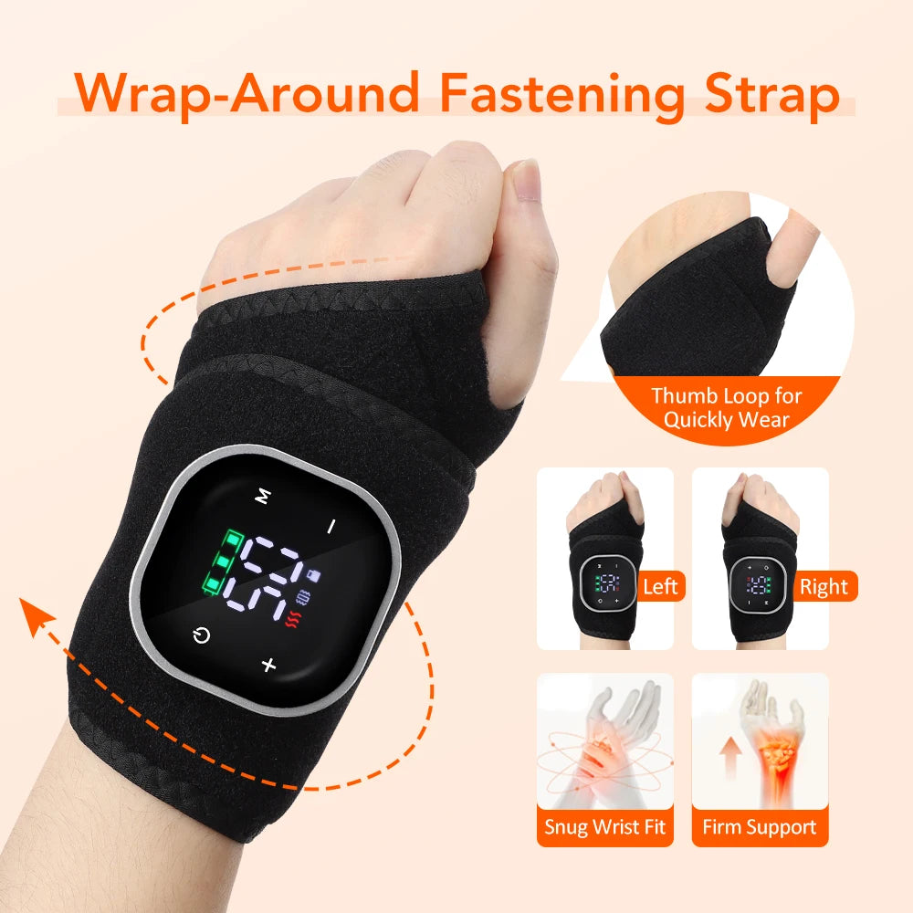 Rechargeable Heated Wrist Brace for Left/Right Hand 5 Levels Hot Compress 3 Levels Vibration Red Light Wrist Massager Wrap